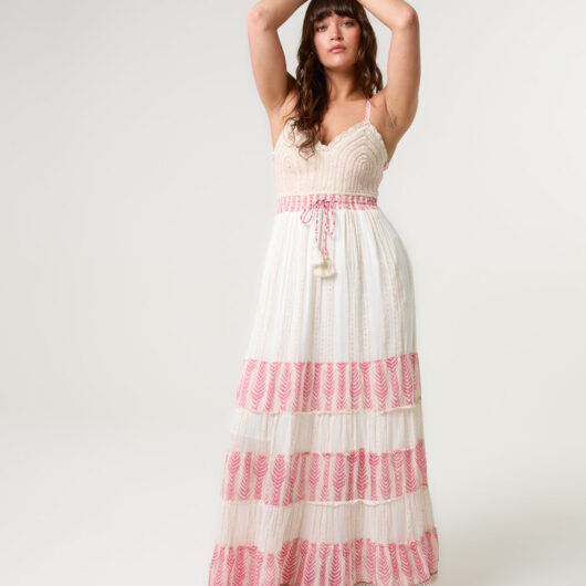 Crochet Lurex Tiered Dress - S / PINK