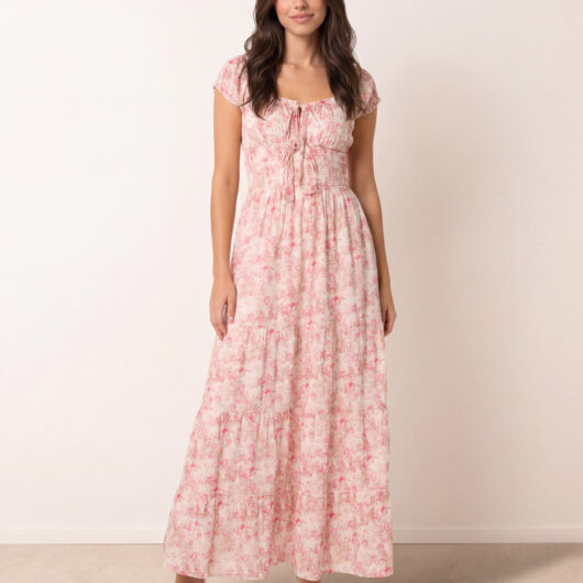Double Front Tie Shirred Ditsy Floral Maxi Dress - S / PINK