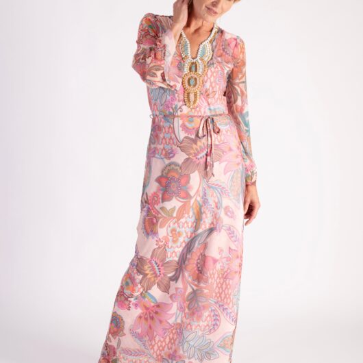 Pink/Multi Exotic Floral Print Mesh Maxi Dress with Ornamental Stone Beaded Neckline