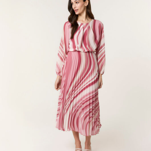 Swirl Print Pleated Round Neck Dress - S/M / PINK