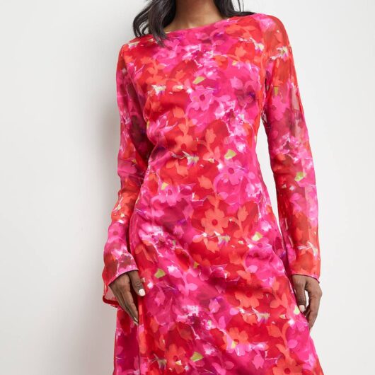 Warehouse Women's Burnout Floral Chiffon Slash Neck Bias Midi Dress in Pink | Size: 16