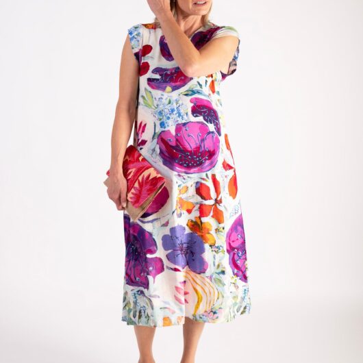 White/Pink Spring Flower Jersey Flowy Dress